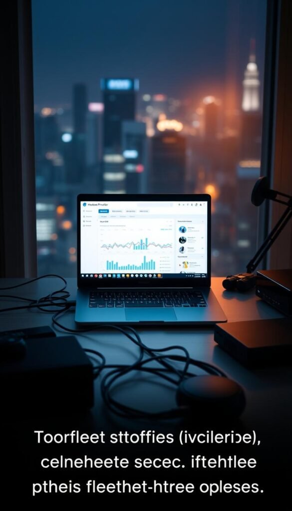 A dimly lit home office, with a laptop and various networking equipment prominently displayed on a sleek, minimalist desk. The laptop screen shows a Hoxtoon Provider dashboard, highlighting real-time network statistics and optimization tools. Cables and routers in the middle ground create a sense of technological complexity, while the background features a blurred cityscape, hinting at the wider internet infrastructure. Soft, warm lighting illuminates the scene, creating a cozy and focused atmosphere, conveying the idea of streamlining and optimizing IPTV streaming for seamless performance.