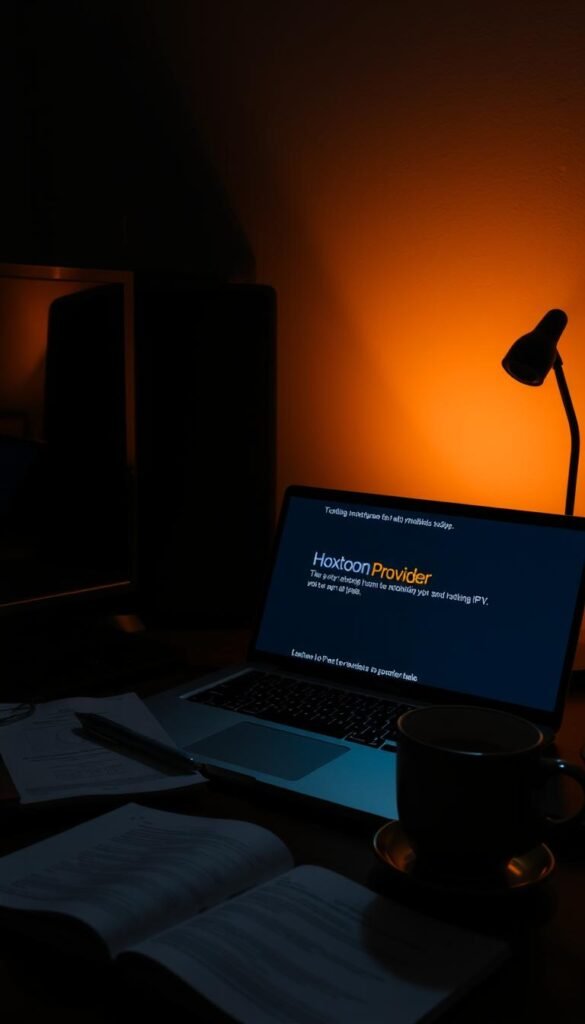 A dimly lit home office workspace, with a laptop displaying troubleshooting steps for an IPTV setup. Prominent on the laptop screen is the Hoxtoon Provider logo, indicating the service being used. An open notebook and a cup of coffee sit on the desk, alongside technical-looking documents. Soft, warm lighting illuminates the scene, creating a focused, analytical atmosphere. The overall composition suggests a user actively engaged in resolving IPTV issues, guided by the Hoxtoon Provider troubleshooting resources.