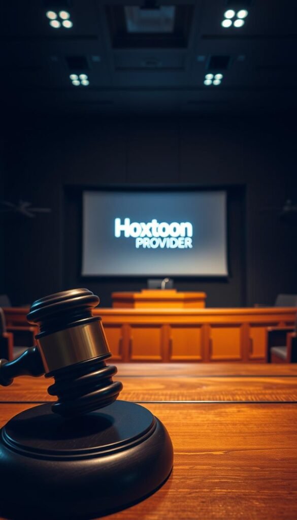 A dimly lit legal courtroom, with a large gavel on a wooden desk in the foreground. The Hoxtoon Provider logo is prominently displayed on a projector screen in the middle ground, casting a soft light across the scene. In the background, a judge's bench and rows of spectator seating are visible, conveying a sense of seriousness and formality. The lighting is low and moody, creating an atmosphere of contemplation and legal scrutiny. The overall scene suggests the complex legal landscape surrounding the use of IPTV services.