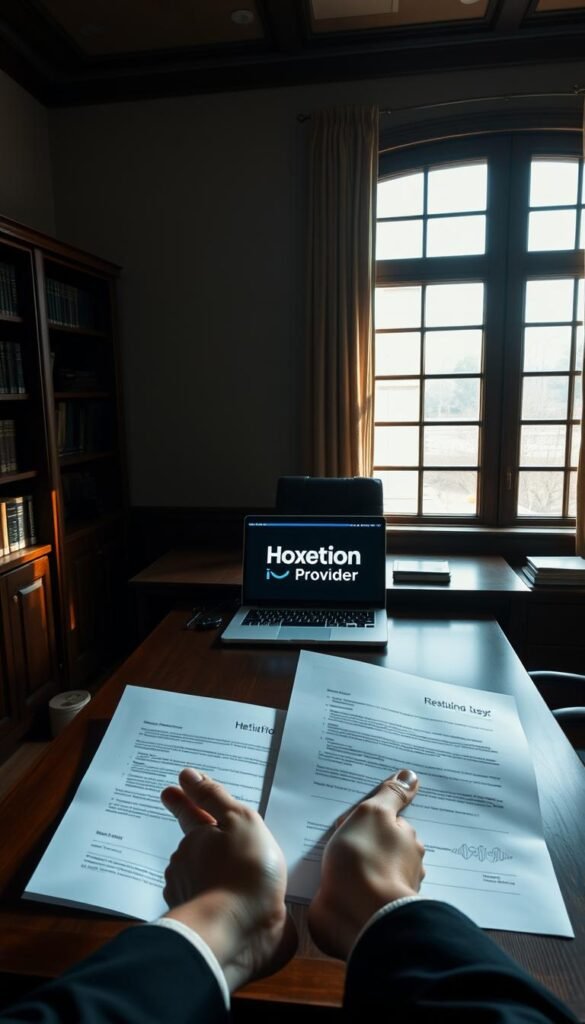A dimly lit legal office with a large window, casting soft, directional lighting on a wooden desk. On the desk, a laptop displays the Hoxtoon Provider logo, signifying a legal IPTV service. Bookshelves line the walls, hinting at the complexities of IPTV regulations. In the foreground, a pair of hands hold legal documents, symbolizing the careful consideration required for IPTV legality. The atmosphere is one of thoughtful deliberation, conveying the nuanced legal landscape surrounding IPTV services.