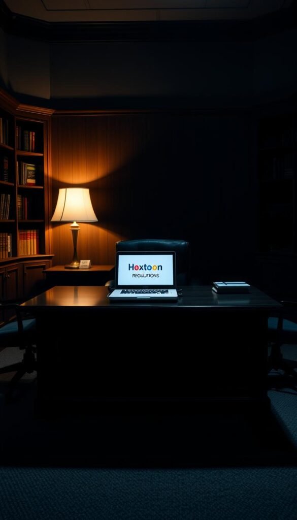 A dimly lit legal office, with a large wooden desk in the center. On the desk, a stack of documents labeled "IPTV Regulations" and a laptop displaying the Hoxtoon Provider logo. In the background, bookshelves line the walls, casting shadows across the room. A single desk lamp illuminates the workspace, creating a somber, contemplative atmosphere. The scene conveys the weight and complexity of navigating the legal landscape of IPTV usage.