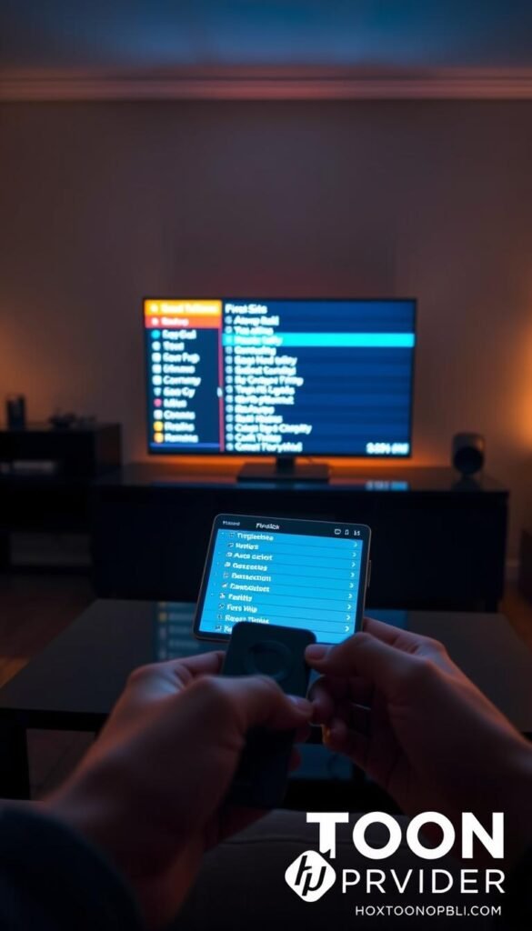 A dimly lit living room, a Firestick device resting on a sleek, modern entertainment center. The screen displays a troubleshooting interface, with various menu options and diagnostic tools. In the foreground, a person's hands navigate the Firestick's settings, attempting to resolve an IPTV connectivity issue. The room is bathed in a warm, amber glow, creating a cozy atmosphere. The Hoxtoon Provider logo discreetly appears in the corner, hinting at the IPTV service being troubleshot. The scene conveys a sense of focus and problem-solving, reflecting the article's subject matter.