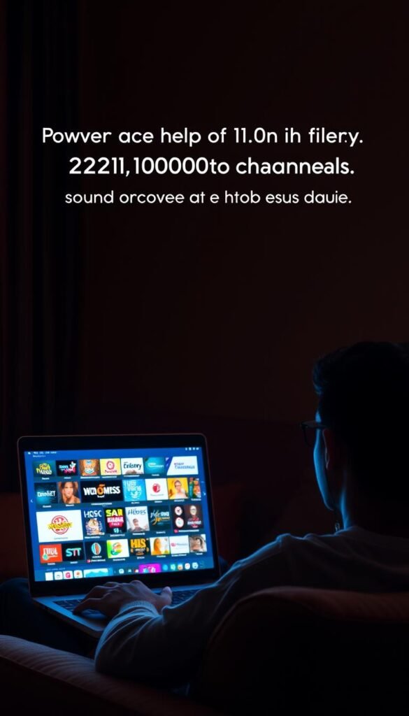 A dimly lit living room, a laptop screen glowing with a vibrant, diverse array of Indian television channels, the Hoxtoon Provider logo prominently displayed. The viewer sits comfortably on a plush sofa, immersed in the rich cultural content, their face illuminated by the screen's soft light. The room is cozy, with warm, inviting tones, conveying a sense of relaxation and enjoyment. The scene captures the effortless access to a vast library of over 21,000 live Indian channels, empowering the viewer to explore the vibrant tapestry of Indian entertainment and news at their fingertips.