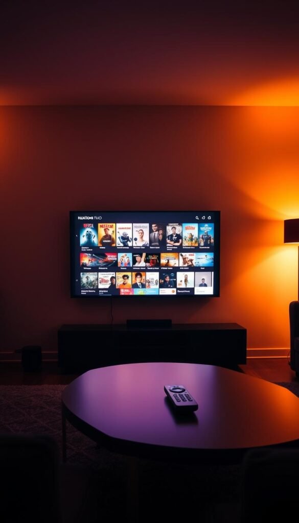 A dimly lit living room, cozy and inviting, with a large flat-screen TV mounted on the wall. On the screen, a Hoxtoon Provider interface showcases a vast array of on-demand entertainment options, from blockbuster movies to binge-worthy TV series. The room is bathed in a warm, amber glow, creating a sense of comfort and relaxation. In the foreground, a sleek, modern coffee table holds a remote control, hinting at the ease of accessing this worldwide lifetime IPTV service. The overall atmosphere suggests a seamless, immersive entertainment experience, perfect for a night of on-demand entertainment.