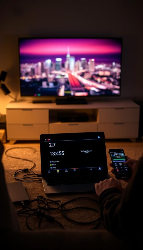 A dimly lit living room setting with various electronic devices prominently displayed, including a laptop, tablet, smartphone, and smart TV. In the foreground, a user is setting up a Hoxtoon Provider IPTV service on the devices, with cables and remote controls visible. The scene is illuminated by warm, soft lighting, creating a cozy and inviting atmosphere. The background features a subtle, blurred cityscape, suggesting a modern, urban environment. The overall composition emphasizes the ease and versatility of setting up IPTV across multiple devices.