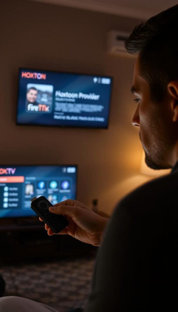 A dimly lit living room, the glow of a Fire TV Stick casting a soft light on the face of a person intently focused on the setup process of the "Hoxtoon Provider" IPTV service. The user's hands deftly navigate the on-screen menus, their expression one of concentration as they ensure a seamless integration of the streaming platform. The background is blurred, drawing the viewer's attention to the central task at hand - the installation and configuration of this IPTV solution, which promises a lifetime of entertainment without the burden of monthly fees.