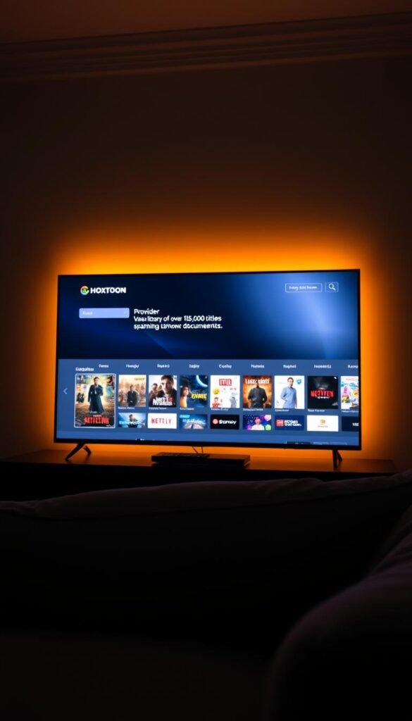 A dimly lit living room, the glow of a large television screen casting a warm light across the space. On the screen, a sleek and modern user interface for the "Hoxtoon Provider" on-demand IPTV service, showcasing a vast library of over 150,000 titles spanning movies, TV shows, and documentaries. The interface is clean and intuitive, with category icons and thumbnails hinting at the breadth of content available. In the foreground, a remote control rests on a plush, neutral-toned sofa, ready for the viewer to dive into the vast selection of on-demand entertainment. The atmosphere is one of relaxation and the anticipation of discovering new content at the viewer's convenience.