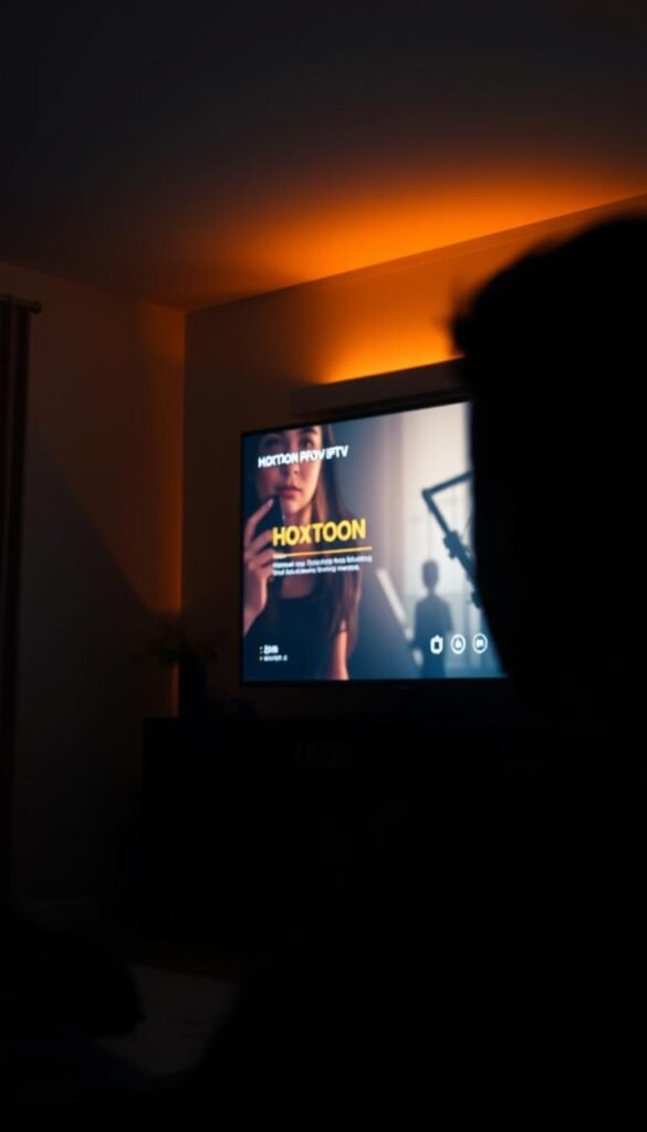 A dimly lit living room, the glow of a television screen casting a soft light across the space. On the screen, a review of the Hoxtoon Provider IPTV service plays, showcasing its video quality and streaming performance. The viewer's face is partially obscured, their attention focused intently on the display. Shadows dance across the walls, creating an atmospheric ambiance. The scene is captured with a cinematic, low-angle perspective, emphasizing the immersive nature of the IPTV experience.