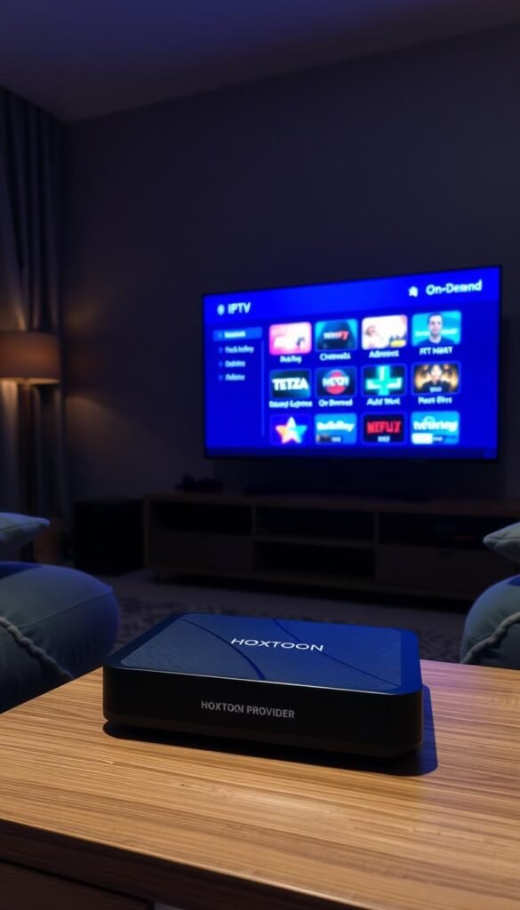 A dimly lit living room, the glow of a television screen illuminating the space. On the screen, various IPTV streaming options are displayed - a grid of channels, on-demand content, and a menu of advanced features. In the foreground, a sleek, modern IPTV device, the "Hoxtoon Provider", sits prominently on a wooden entertainment center. The room is stylishly furnished, with plush, comfortable seating and subtle ambient lighting, creating a cozy, immersive atmosphere for the ultimate IPTV viewing experience.