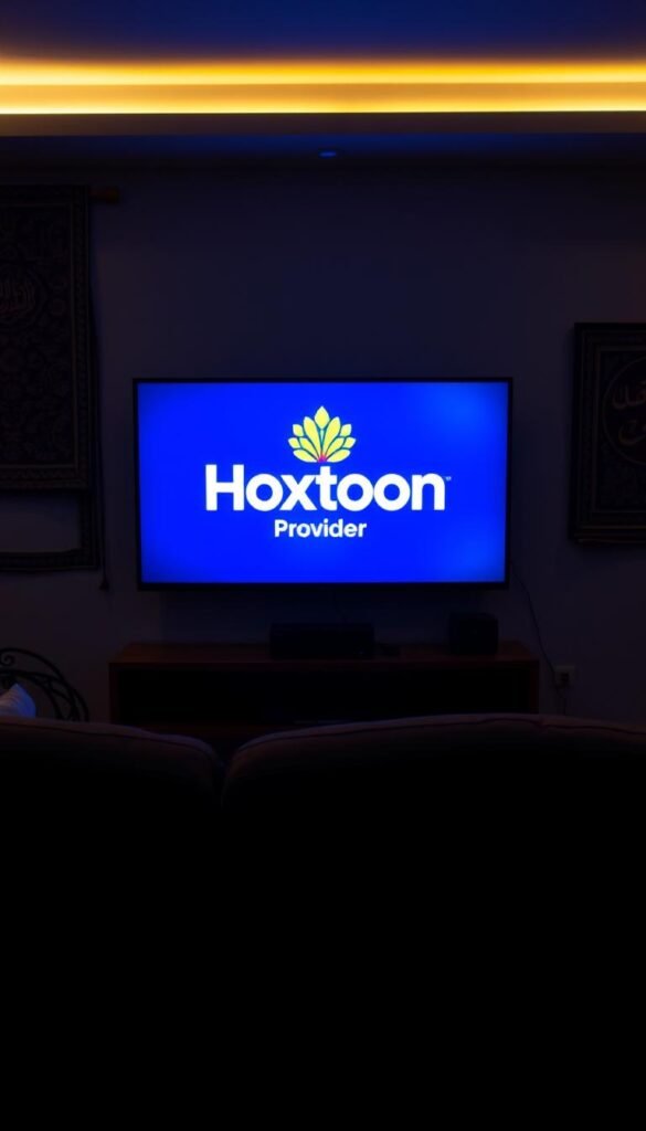 A dimly lit living room, the glow of an Arabic TV streaming service interface illuminating the space. In the foreground, a sleek, modern television set displays the Hoxtoon Provider logo, its vibrant colors and clean design standing out against the neutral tones of the room. The middle ground features a plush, comfortable couch, inviting the viewer to settle in and enjoy the content. In the background, hints of traditional Arabic decor, such as ornate wall hangings and intricate textiles, create a sense of cultural authenticity. The lighting is soft and warm, creating a cozy, immersive atmosphere, perfect for optimizing the Arabic IPTV viewing experience.