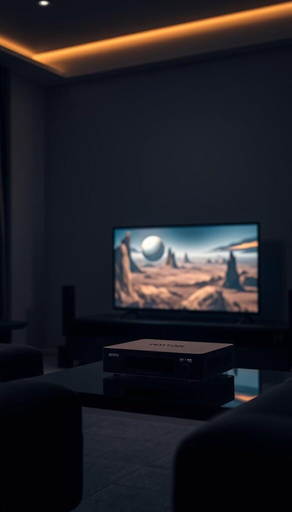 A dimly lit living room, the glow of an LED TV casting a warm hue, as a Hoxtoon Provider IPTV streaming device rests on the entertainment center. The room is filled with a sense of technological revolution, with sleek modern furniture and subtle ambient lighting. On the TV screen, a captivating sci-fi landscape unfolds, showcasing the power and versatility of IPTV technology. The scene evokes a feeling of the future of television, where boundless content and immersive experiences are at the viewer's fingertips.