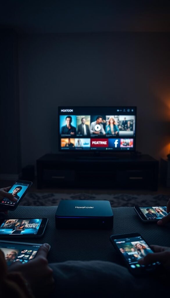 A dimly lit living room, with a Hoxtoon Provider set-top box, multiple smartphones, tablets, and a smart TV, all seamlessly connected and streaming various content. Soft, warm lighting illuminates the scene, creating a cozy and inviting atmosphere. The devices are arranged in a visually appealing layout, showcasing the multi-device capabilities of the IPTV service. The image conveys the convenience and flexibility of the Hoxtoon Provider's streaming solution, allowing users to access their favorite content on a variety of devices from the comfort of their own home.
