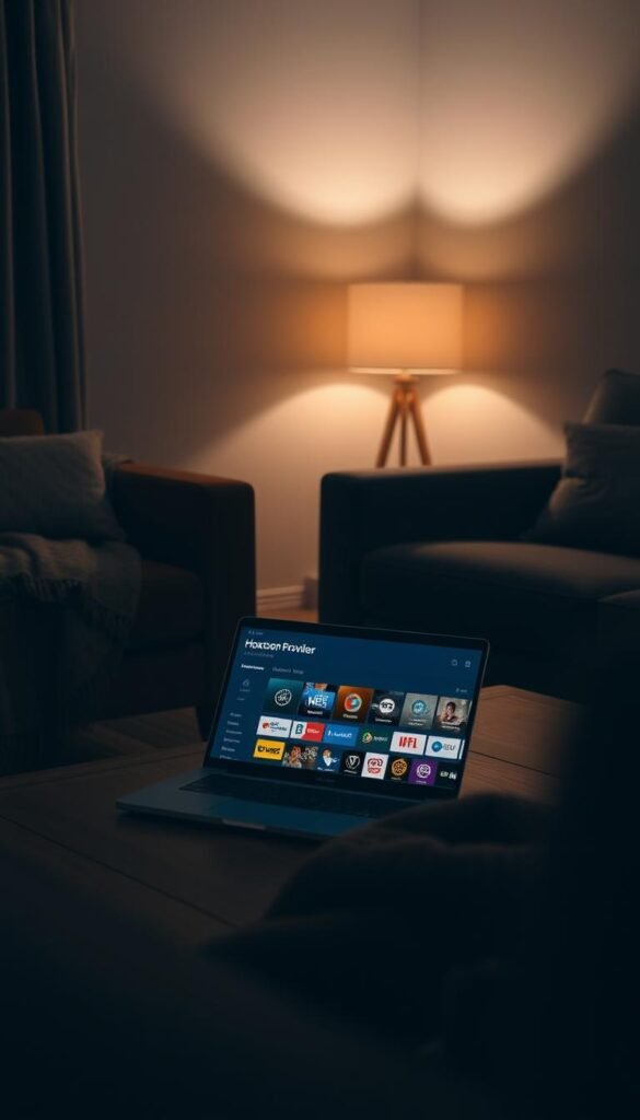A dimly lit living room with a laptop displaying the Hoxtoon Provider IPTV service interface. The laptop sits on a wooden coffee table, surrounded by a cozy armchair and a plush throw blanket. Soft ambient lighting from a floor lamp casts a warm glow, creating a sense of comfort and reliability. The IPTV interface showcases a clean, intuitive design with a wide selection of channels and content. The overall scene conveys a trustworthy and user-friendly IPTV experience.