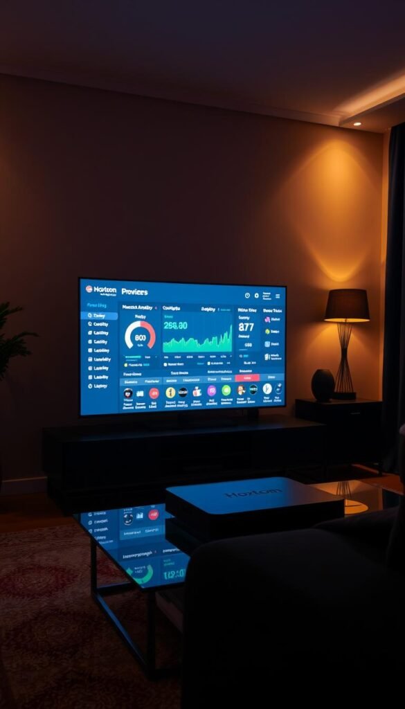A dimly lit living room, with a modern TV stand holding a sleek, high-end streaming box labeled "Hoxtoon Provider". On the screen, a detailed performance analysis dashboard displays real-time metrics like connection stability, video quality, and latency, showcasing the long-term reliability of the Lifetime IPTV service. The room is bathed in a warm, ambient glow, creating a cozy, cinematic atmosphere. The camera angle is slightly elevated, capturing the scene from an observer's perspective, emphasizing the technical and experiential aspects of the IPTV review.