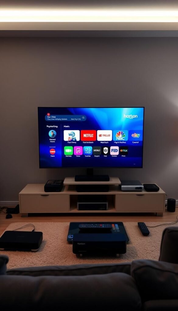 A dimly lit living room with a sleek, modern entertainment center. The centerpiece is a large flatscreen TV displaying the Hoxtoon Provider IPTV service's vibrant, high-definition interface. Surrounding the TV are various streaming devices, remote controls, and networking equipment, hinting at the technical complexity of the IPTV setup. Soft, ambient lighting creates a cozy atmosphere, while the room's minimalist design and neutral tones suggest an urban, middle-class German household. The scene conveys the growing popularity and integration of IPTV services into the everyday lives of German consumers.