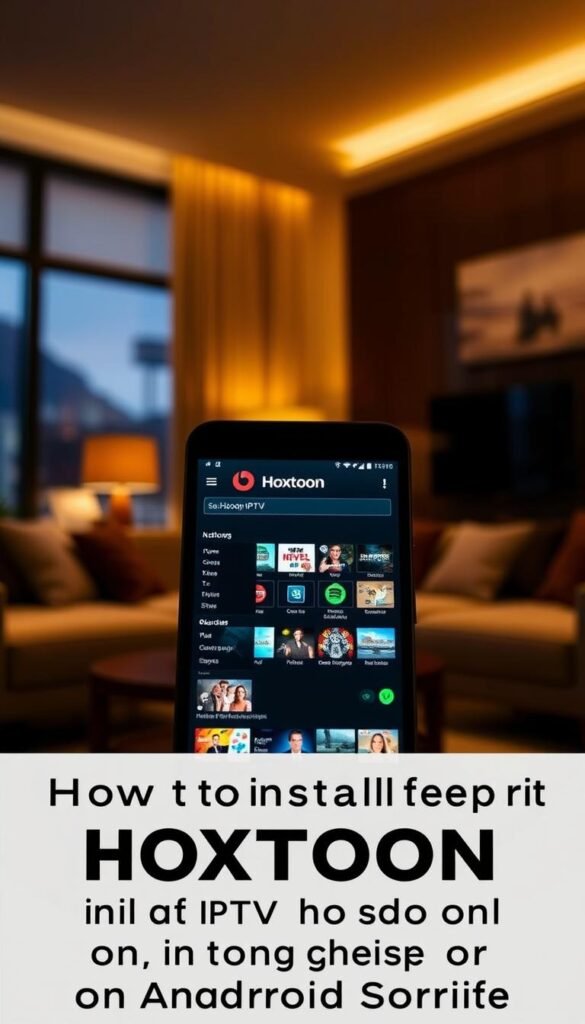 A dimly lit, modern android smartphone screen displaying the "Hoxtoon Provider" IPTV app interface. The app's main menu is visible, showcasing various content categories and navigation options. The screen is positioned in the middle ground, with a blurred, realistic background depicting a cozy living room setting. Soft, warm lighting illuminates the scene, creating a welcoming and inviting atmosphere. The camera angle is slightly angled, providing a natural and immersive perspective. The overall image conveys a step-by-step installation guide for the Hoxtoon IPTV app on an Android device.