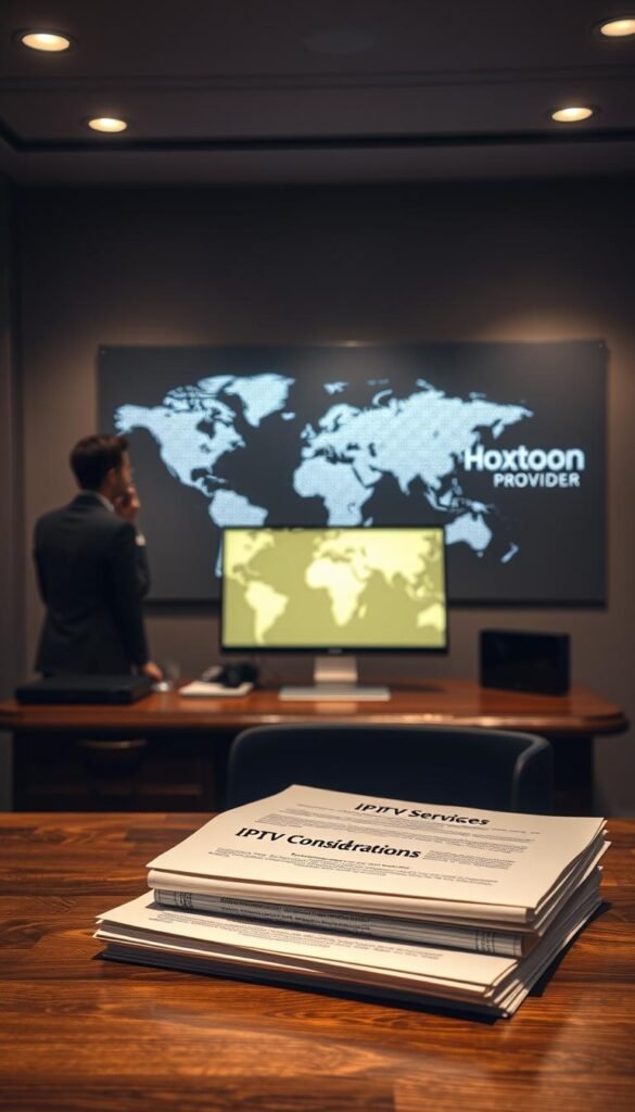 A dimly lit modern office, the warm glow of a desktop computer screen illuminating the face of a thoughtful professional. In the foreground, a stack of legal documents labeled "IPTV Services Legal Considerations" sits on an elegant oak desk. The middle ground features a large world map, highlighting the complex global landscape of IPTV regulations. In the background, a sleek "Hoxtoon Provider" logo is prominently displayed, alluding to the legal challenges faced by this innovative streaming service. The scene conveys a sense of careful deliberation and the need to navigate the nuanced legal environment surrounding IPTV in the USA.