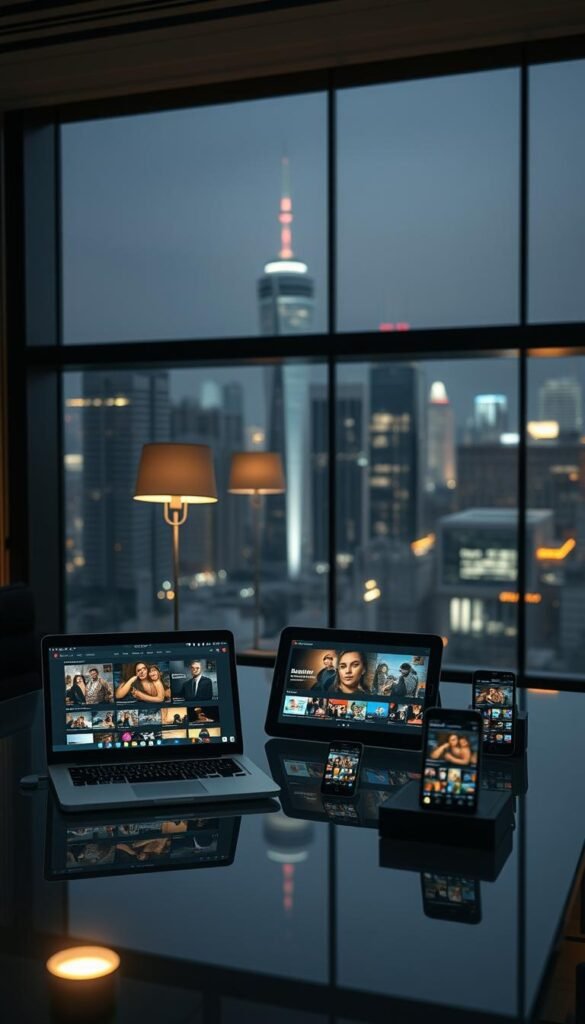 A dimly lit, modern tech office setting. On a sleek, glass desk, an array of devices including a laptop, tablet, and smartphone are displayed, showcasing the compatibility of the Hoxtoon Provider IPTV player. The devices are arranged neatly, their screens displaying various IPTV content. Subtle ambient lighting from floor lamps casts a warm glow, creating a professional and minimalist atmosphere. The background features a large window overlooking a bustling city skyline, adding depth and a sense of connectivity. The overall scene conveys the versatility and cross-platform compatibility of the Hoxtoon Provider IPTV solution.