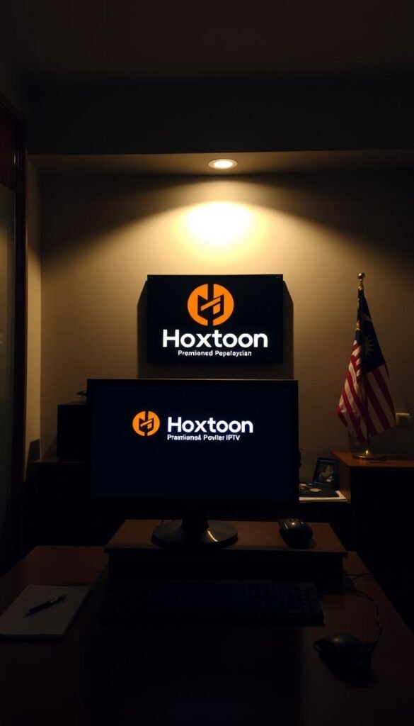 A dimly lit office interior with a desk and computer setup, showcasing the Hoxtoon Provider brand logo prominently displayed on the monitor. The room has a sense of professionalism, with subtle Malaysian cultural elements such as a small Malaysian flag or traditional artwork in the background. The lighting is warm and inviting, creating a welcoming atmosphere for IPTV users. The camera angle is slightly elevated, providing a clean, uncluttered view of the setup. The overall impression should convey the reliability and legality of the Hoxtoon IPTV service for Malaysian users.