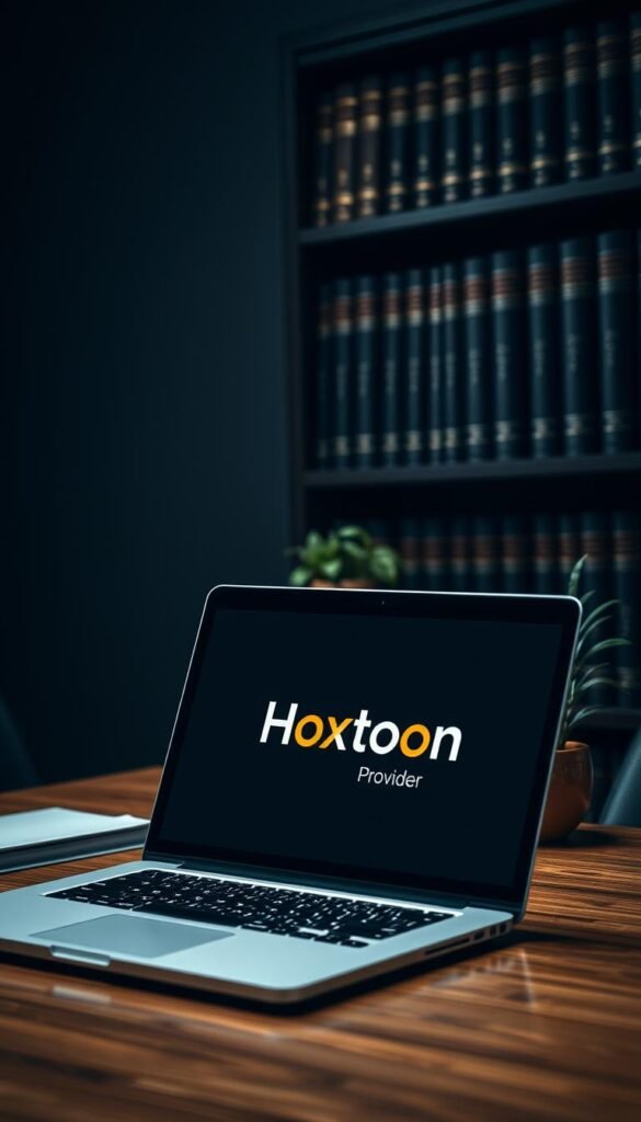 A dimly lit office setting, with a laptop prominently displayed on a wooden desk. The laptop screen shows the Hoxtoon Provider logo, hinting at the legality of IPTV services in Germany. In the background, a bookshelf filled with legal tomes casts an authoritative aura, while a small potted plant adds a touch of life to the otherwise serious environment. The lighting is soft and moody, creating a pensive atmosphere, as if the viewer is contemplating the complex legal implications of IPTV usage. The camera angle is slightly elevated, lending a sense of gravity to the scene.