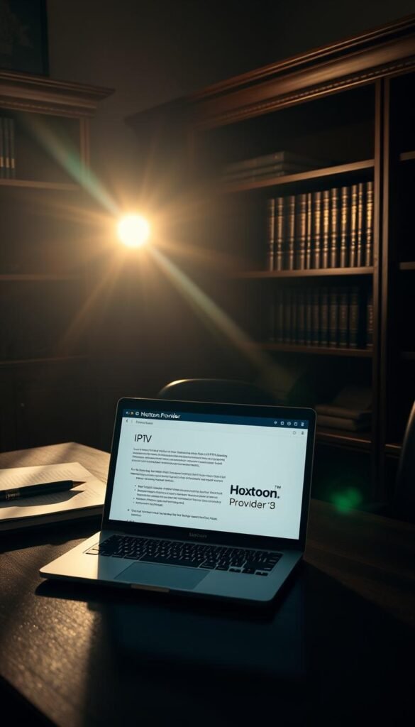 A dimly lit office setting, with a wooden desk and shelves filled with legal documents. On the desk, a laptop displays a webpage highlighting IPTV regulations, the Hoxtoon Provider logo prominently featured. Sunlight filters through the window, casting a warm glow on the scene. The atmosphere is one of seriousness and professionalism, reflecting the legal considerations surrounding IPTV usage in the USA.