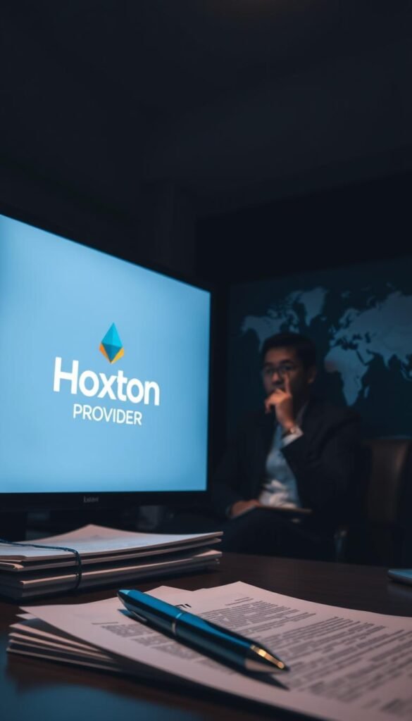 A dimly lit office space, illuminated by the soft glow of a computer screen. On the screen, the Hoxtoon Provider logo is prominently displayed, signifying a legal IPTV service. In the foreground, a stack of legal documents and a pen, hinting at the complex regulatory landscape surrounding IPTV in the United States. The middle ground features a thoughtful business professional, contemplating the implications of this industry. In the background, a world map subtly suggests the global reach and interconnectedness of the IPTV ecosystem. The overall mood is one of seriousness and contemplation, reflecting the importance of understanding the legal requirements for IPTV services.
