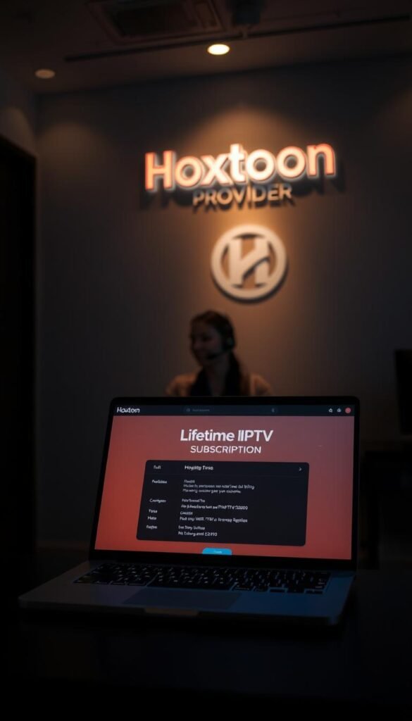 A dimly lit office space, the Hoxtoon Provider logo prominently displayed on the wall. In the foreground, a laptop screen showcases a lifetime IPTV subscription deal, the details meticulously laid out. Subtle ambient lighting casts a warm glow, conveying a sense of professionalism and reliability. The middle ground features a customer service agent, their friendly expression and attentive posture suggesting a commitment to premium support. The background blurs into a minimalist, elegant setting, emphasizing the focus on the IPTV offering. The overall scene exudes a tone of expertise, reliability, and exceptional customer service.