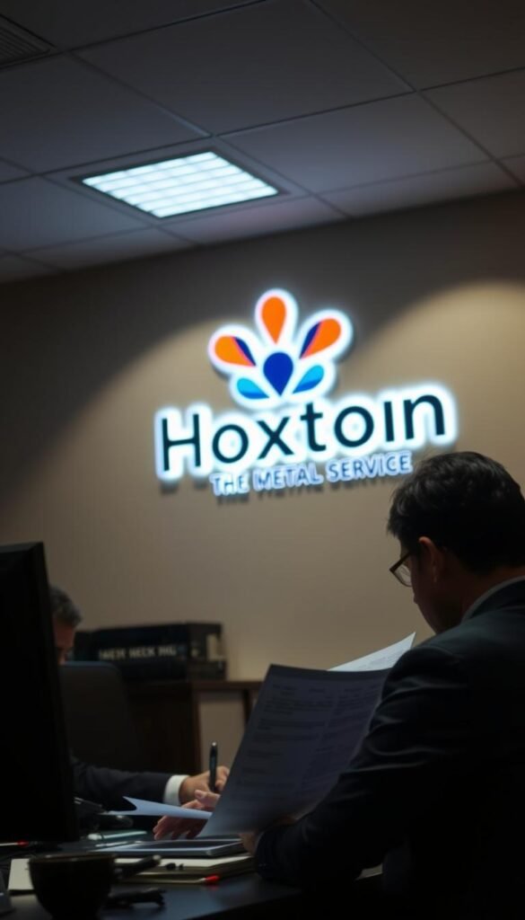 A dimly lit office space, the backdrop of a Hoxtoon Provider IPTV service logo prominently displayed on the wall. In the foreground, a knowledgeable executive sits at a desk, brows furrowed in concentration as they review legal documents pertaining to IPTV compliance. The lighting is warm and subdued, conveying a sense of professionalism and attention to detail. The scene is captured from a slightly elevated angle, giving the impression of a thoughtful, informed approach to navigating the legal landscape of IPTV services.