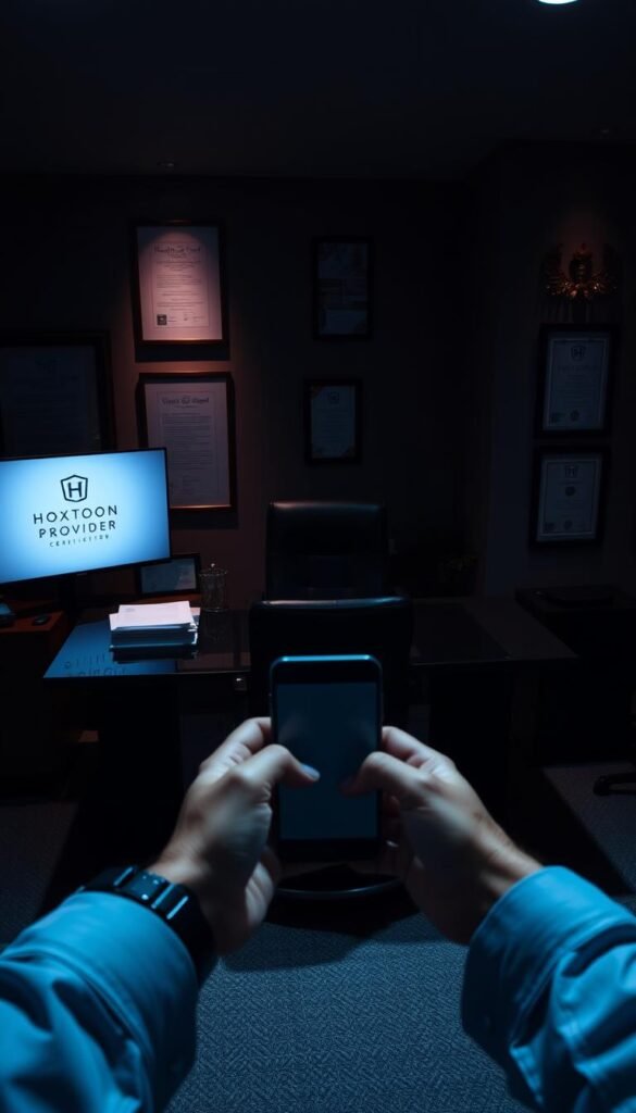 A dimly lit office space, with a large desk and a sleek, modern computer setup. On the desk, a stack of legal documents and a Hoxtoon Provider logo prominently displayed. The walls are adorned with framed certificates and awards, hinting at the provider's credibility and expertise. The lighting is subdued, casting shadows that create a sense of seriousness and professionalism. In the foreground, a pair of hands holding a smartphone, as if the viewer is considering the legal implications of using an IPTV service. The overall atmosphere conveys the importance of understanding the legal landscape when engaging with IPTV providers.