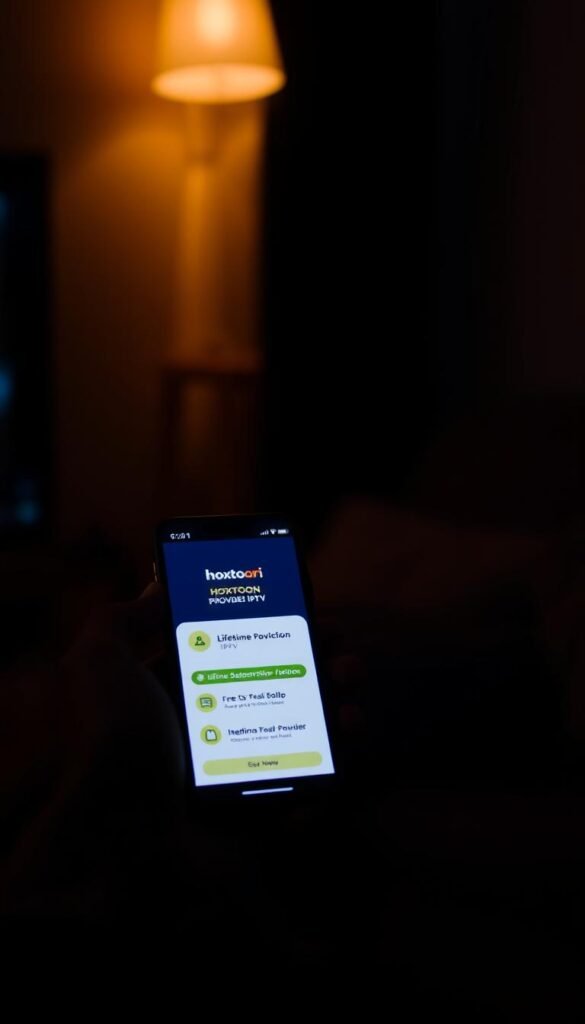 A dimly lit room, a smartphone screen displaying the Hoxtoon Provider IPTV app, showcasing its lifetime subscription benefits. The user's hand holds the device, their expression one of satisfaction and contentment. Soft, warm lighting illuminates the scene, creating a cozy and inviting atmosphere. The background is blurred, drawing the viewer's focus to the smartphone and the user's experience. The overall tone conveys the reliability and value that Hoxtoon IPTV provides to its customers.