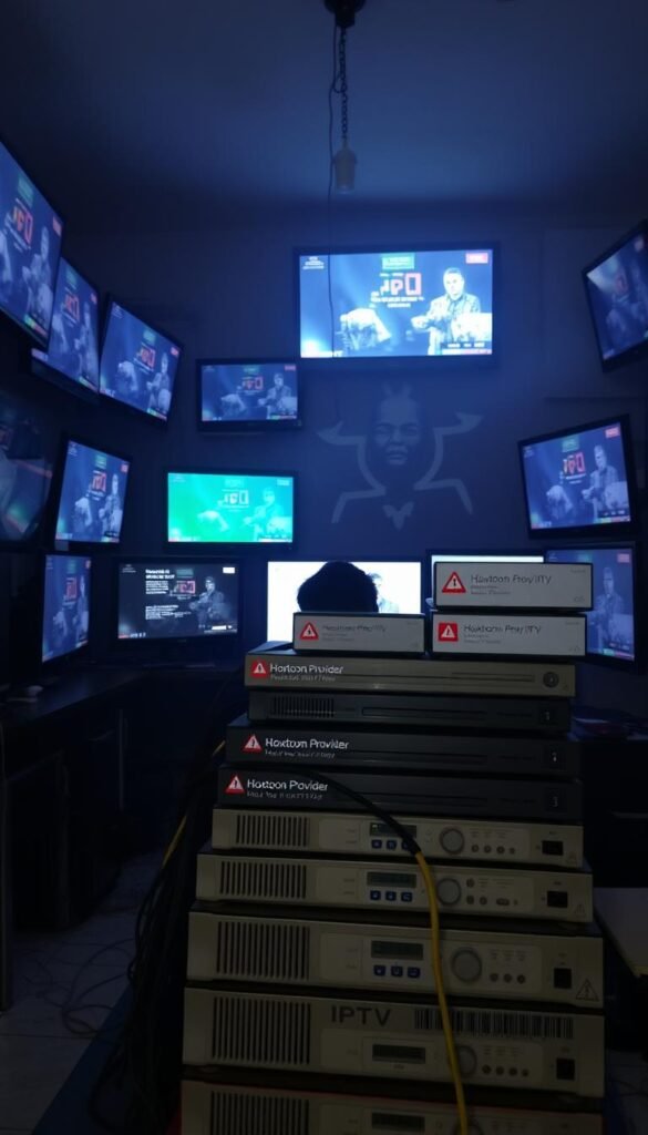 A dimly lit room, filled with the glow of multiple screens displaying various IPTV interfaces. In the foreground, a person sitting at a desk, visibly frustrated, surrounded by tangled cables and a stack of outdated hardware labeled "Hoxtoon Provider". The middle ground features a collection of error messages and buffering icons, symbolizing the common challenges faced with free Arabic IPTV solutions. The background is hazy, with a sense of uncertainty and the looming threat of unreliable service. The overall atmosphere conveys the struggles and disappointments often associated with the pursuit of lifetime free Arabic IPTV.