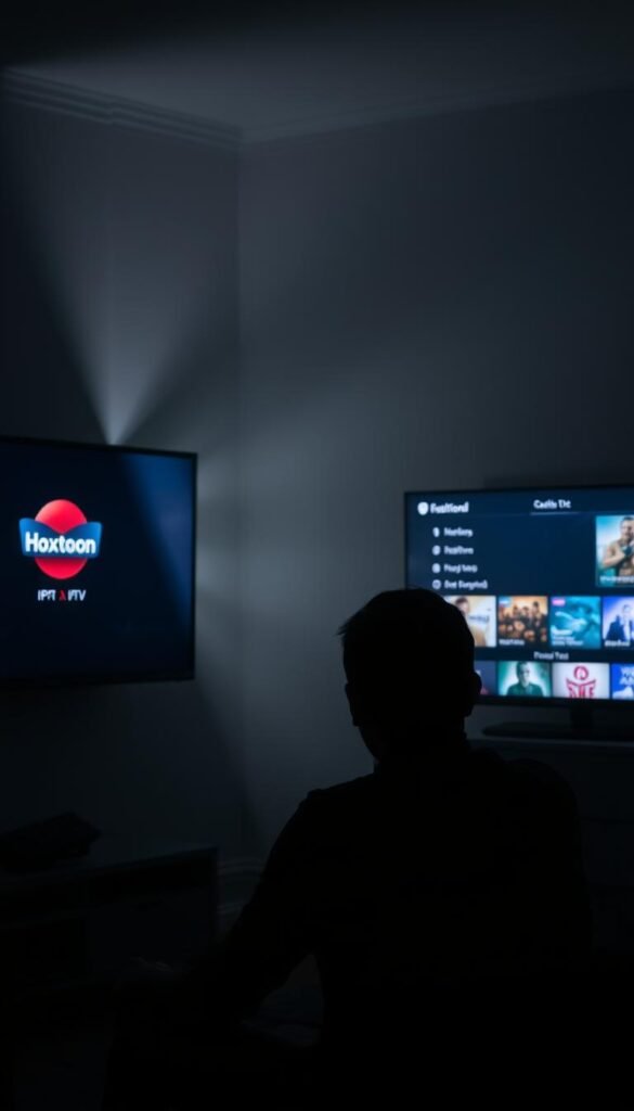 A dimly lit room, one side showcasing a modern IPTV interface with a Hoxtoon Provider logo, the other a traditional cable TV on-demand menu. In the foreground, a person sits contemplating the two options, their face illuminated by the soft glow of the displays. Soft, cinematic lighting casts dramatic shadows, creating a sense of depth and contrast. The background fades into a hazy, atmospheric setting, emphasizing the decision-making process. The scene conveys the juxtaposition of the two entertainment mediums, inviting the viewer to consider the merits of each.