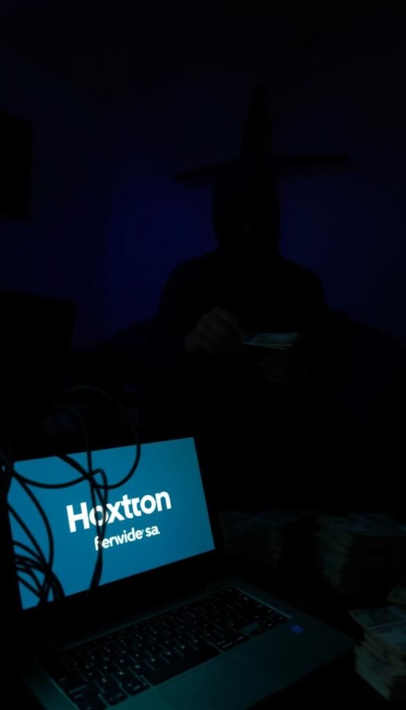 A dimly lit room, the glow of a computer screen casting an eerie light on a shady figure hunched over a keyboard. In the foreground, a tangle of wires and a laptop displays the Hoxtoon Provider logo, hinting at the fraudulent nature of the IPTV service. The middle ground reveals stacks of cash and a shadowy, anonymous hand exchanging money, symbolizing the financial risks of such illicit transactions. In the background, a sense of unease and danger, with ominous shadows and a sinister atmosphere. The image conveys the inherent risks and unsavory nature of IPTV scams, a cautionary tale for those tempted by the promise of "lifetime" subscriptions.