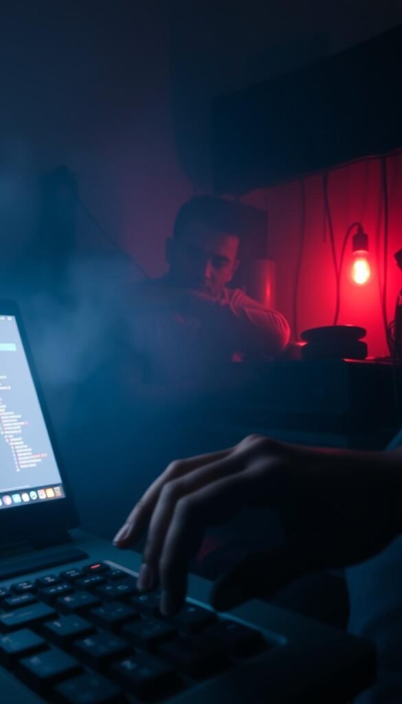 A dimly lit room, the glow of a laptop screen illuminating the face of a person deeply engrossed in their search for the elusive "Hoxtoon Provider" - the key to unlocking a lifetime of free IPTV playlists. The room is cluttered with electronic devices, cables, and a sense of desperate determination. In the foreground, a hand hovers over the keyboard, ready to uncover the secrets of this coveted service. The background is hazy, suggesting the uncertainty and mystery surrounding the pursuit of this digital treasure. The overall mood is one of intrigue, anticipation, and the thrill of the hunt.