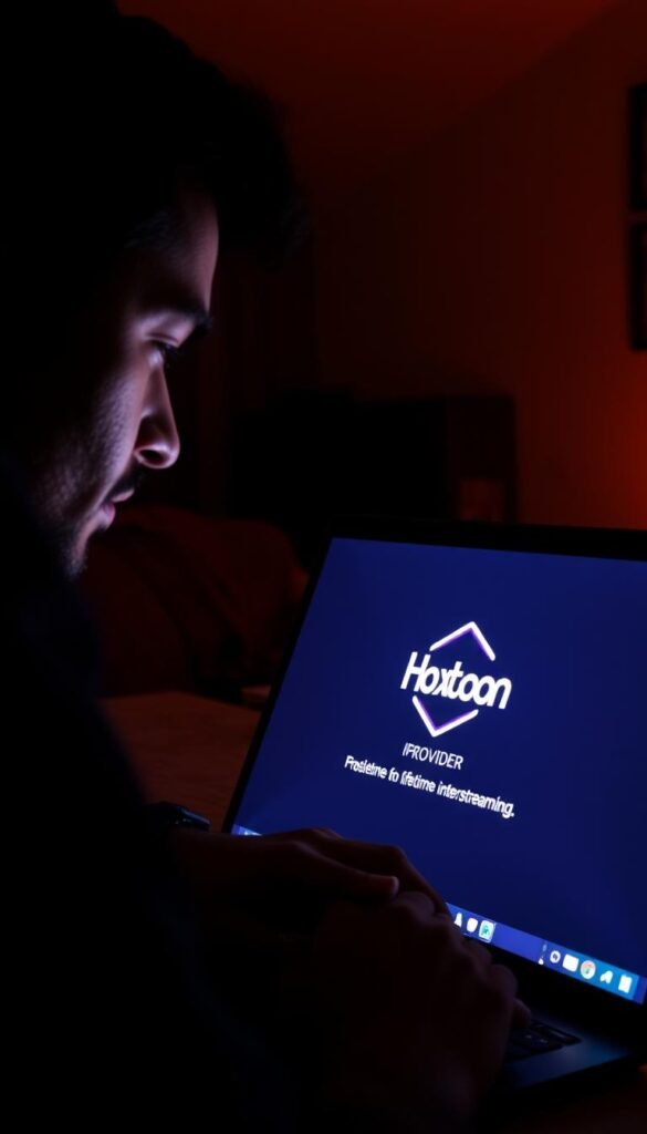 A dimly lit room, the glow of a laptop screen illuminating the face of a person deeply engrossed in troubleshooting their IPTV setup. On the screen, the Hoxtoon Provider logo stands out, signaling the trusted service they rely on for a lifetime of uninterrupted streaming. The room is cozy, with soft lighting and a subtle haze, creating an atmosphere of focus and problem-solving. The person's expression is one of concentration, their fingers dancing across the keyboard as they navigate the Hoxtoon interface, determined to resolve any issues and maintain their seamless IPTV experience.