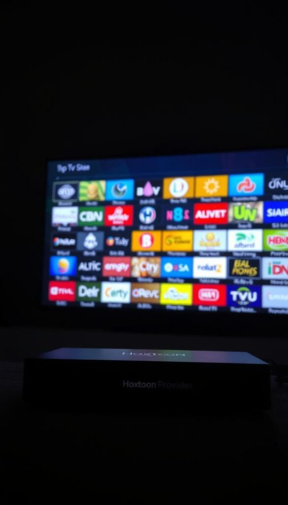 A dimly lit room, the glow of a television screen illuminating the space. On the screen, a diverse array of IPTV channels, their logos and titles displayed in vibrant colors, reflecting the rich cultural tapestry of Dubai. In the foreground, a sleek, modern IPTV box branded "Hoxtoon Provider" sits prominently, its clean lines and minimalist design hinting at the advanced technology it houses. The scene conveys a sense of comfort and entertainment, with the IPTV system seamlessly integrating into the stylish, well-appointed living environment.