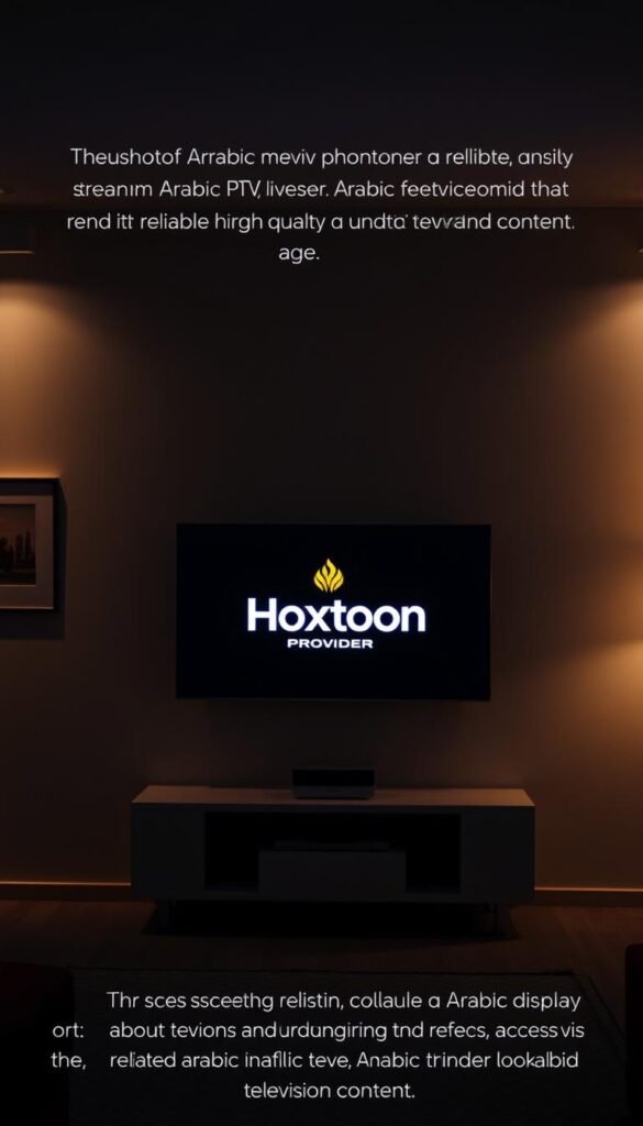A dimly lit room, the glow of a television screen illuminating the space. On the screen, the Hoxtoon Provider logo shines, signifying a premium Arabic IPTV streaming service. The room is sparsely furnished, with a sleek, modern entertainment center housing the streaming device. The walls are adorned with minimalist Middle Eastern-inspired artwork, hinting at the cultural focus of the service. Soft ambient lighting casts a warm, inviting atmosphere, drawing the viewer's attention to the central IPTV display. The scene conveys the challenges and solutions associated with accessing reliable, high-quality Arabic television content in a digital age.