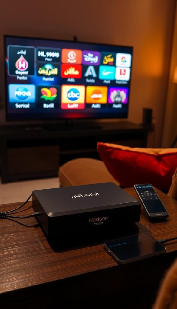 A dimly lit room, the glow of an Arabic TV streaming setup casts a warm, inviting ambiance. In the foreground, a sleek black set-top box emblazoned with the "Hoxtoon Provider" logo rests atop a dark wooden media console. Cables snake neatly behind, connecting to a high-resolution display that showcases vibrant Arabic channel logos. On the console, a wireless remote control and a modern smartphone stand ready, empowering seamless navigation. The middle ground features plush, richly-colored throw pillows and a cozy, overstuffed armchair, inviting the viewer to settle in and immerse themselves in the captivating world of Arabic IPTV. The background is softly blurred, hinting at a larger living space with warm, ambient lighting that creates an atmosphere of comfort and relaxation.