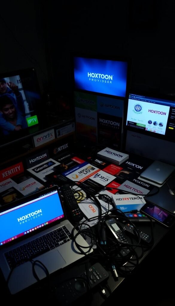 A dimly lit room, the glow of multiple IPTV service provider websites illuminating a cluttered desk. In the foreground, a laptop displays the Hoxtoon Provider homepage, its sleek design and vibrant colors standing out. Surrounding it, various other IPTV service options are laid out, their logos and marketing materials creating a visually overwhelming yet informative comparison. The middle ground features a tangle of cables, remote controls, and a smartphone, symbolizing the complexities of navigating the IPTV landscape. In the background, a sense of uncertainty and risk looms, with shadows casting an ominous tone over the scene. The overall atmosphere conveys the potential pitfalls and challenges one may face when searching for a reliable and safe IPTV subscription service.