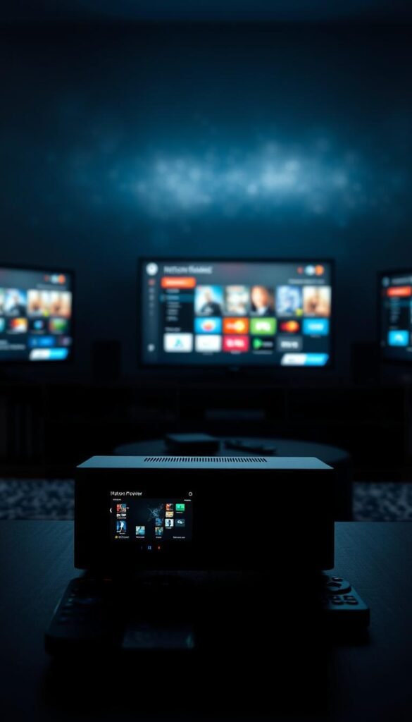 A dimly lit room, the glow of multiple television screens casting a soft light across the scene. In the foreground, a sleek, modern IPTV device - the Hoxtoon Provider - stands prominently, its interface showcasing a variety of content options. In the middle ground, various remote controls and streaming devices are arranged, representing the evolution from traditional cable to the convenience of IPTV. The background is a hazy, ethereal representation of the vast digital landscape, conveying the sense of a new era in television entertainment. The overall mood is one of technological progress and the seamless integration of media consumption.