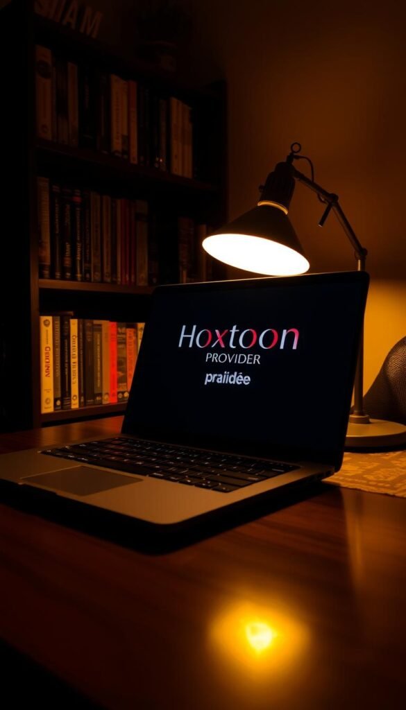 A dimly lit room with a laptop displaying the "Hoxtoon Provider" logo prominently on the screen. The laptop is placed on a wooden desk, with a stylish desk lamp providing warm, focused lighting. The background features a bookshelf filled with Arabic-language books, hinting at the cultural context. The overall atmosphere is one of quality, reliability, and exclusivity, capturing the essence of "Arabic IPTV Lifetime Free" as a valuable and sought-after service.