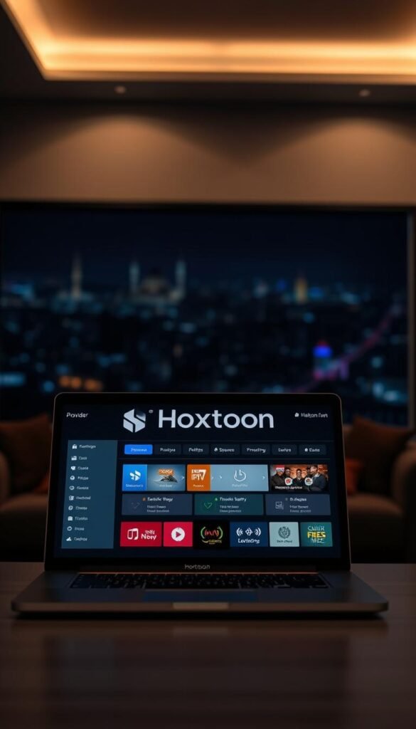 A dimly lit room with a laptop displaying the "Hoxtoon Provider" logo, showcasing a reliable and secure IPTV streaming experience. Soft ambient lighting illuminates the scene, creating a sense of professionalism and trustworthiness. The laptop screen displays a user interface with clear menu options, intuitive navigation, and a visually appealing design. In the background, a blurred cityscape of an Arabic city, hinting at the diverse content available through the IPTV service. The overall atmosphere conveys a reliable, high-quality, and customer-centric IPTV solution.
