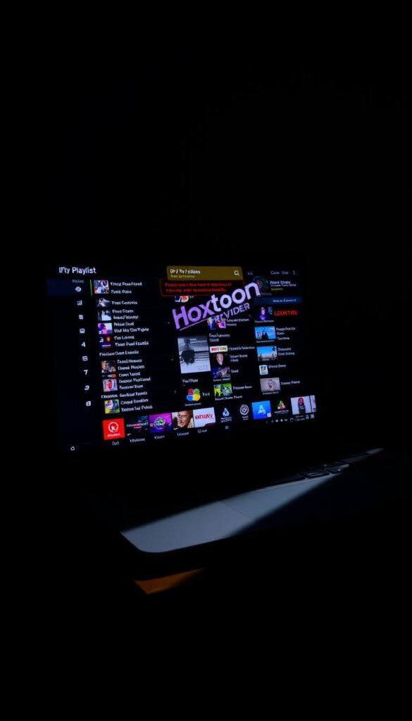 A dimly lit room, with a laptop screen displaying a cluttered IPTV playlist interface. The Hoxtoon Provider logo is visible in the corner, hinting at the source of the issues. Shadows cast across the desk, creating a sense of frustration and uncertainty. Technical details such as pixelated video feeds, connection errors, and missing channel icons populate the screen, reflecting the common challenges faced when using free IPTV m3u links. The overall atmosphere is one of technological disarray, highlighting the need for a more reliable and user-friendly IPTV solution.
