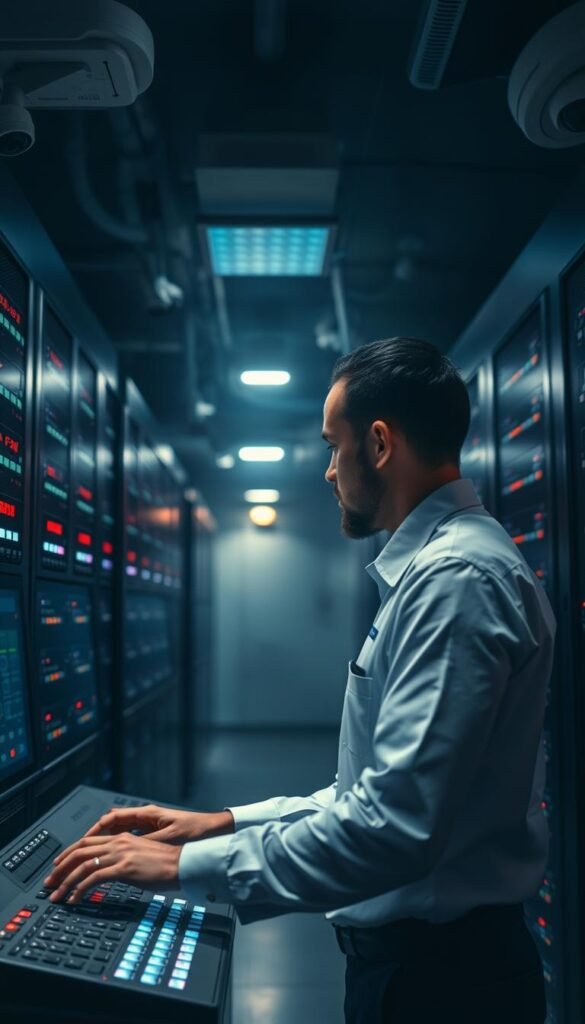 A dimly lit server room, with rows of blinking, humming Hoxtoon Provider lifetime IPTV panels standing guard. The air is thick with an air of seriousness and security. In the foreground, a technician in a crisp uniform carefully monitors the control panel, fingers flying across the keyboard as they ensure the integrity of the system. Overhead, surveillance cameras keep a watchful eye, their lenses catching the soft glow of the panels. The background is hazy, with a sense of depth and mystery, conveying the importance and sensitivity of the task at hand. The lighting is a mix of cool, clinical tones and warm, subtle highlights, creating an atmosphere of professionalism and diligence.