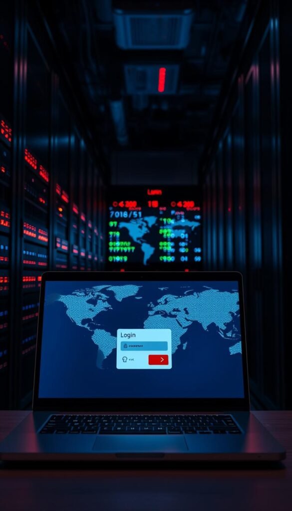 A dimly lit server room, with rows of blinking network switches and routers, conveying the secure and reliable infrastructure of a Hoxtoon Provider IPTV service. In the foreground, a laptop screen displays a secure login interface, guarded by a strong password and two-factor authentication. The middle ground features a sleek, modern set-top box, its LED indicators signaling a stable and encrypted connection. The background showcases a world map, highlighting the global reach and content diversity of the Hoxtoon Provider's IPTV offering. The overall atmosphere is one of technological sophistication, data privacy, and seamless international entertainment delivery.