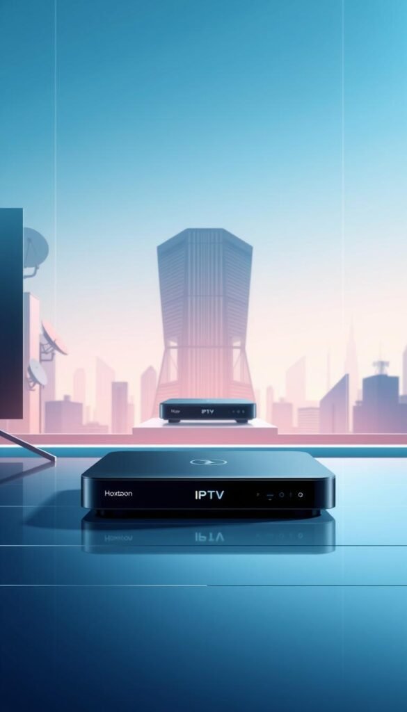 A futuristic and sleek illustration showcasing the evolution of television technology. In the foreground, a modern IPTV set-top box from the Hoxtoon Provider stands prominently, its clean lines and minimalist design conveying the advanced capabilities of internet-based television. In the middle ground, a traditional cable TV box rests, representing the legacy technology being gradually replaced by the versatility and convenience of IPTV. The background features a stylized cityscape, with skyscrapers and satellite dishes, symbolizing the digital infrastructure that enables the seamless delivery of IPTV services. The scene is bathed in a cool, blue-tinted lighting, evoking a sense of technological progress and the shift towards a more connected, on-demand viewing experience.