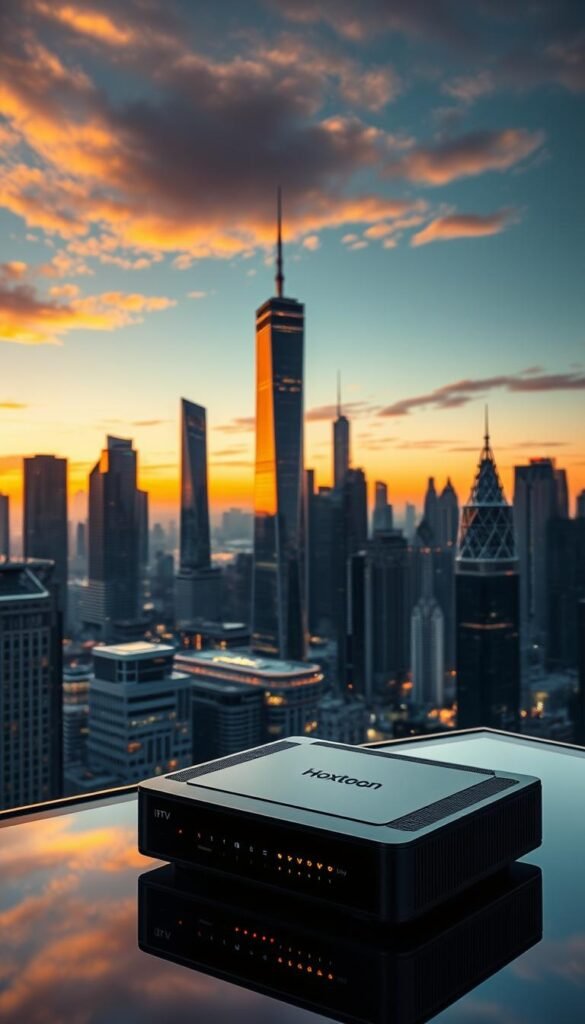 A futuristic cityscape at twilight, with towering skyscrapers and sleek, modern architecture bathed in a warm, amber glow. In the foreground, a Hoxtoon Provider IPTV box rests on a glass table, its LED indicators pulsing softly. The scene conveys a sense of innovation and technological progress, hinting at the seamless integration of IPTV services into the urban landscape. The overall mood is one of excitement and anticipation, reflecting the future of IPTV stream lifetime USA services.
