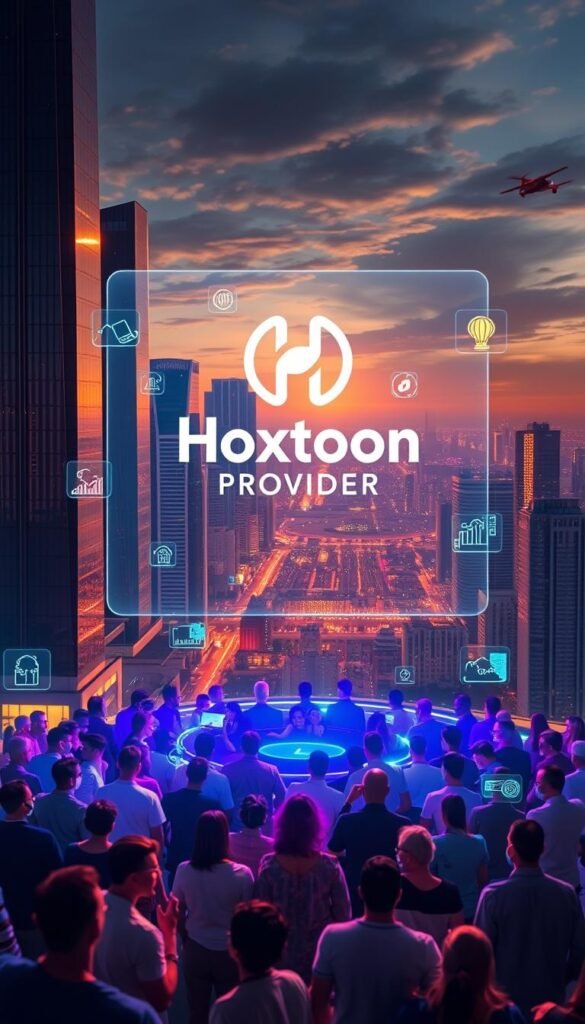 A futuristic cityscape with sleek skyscrapers and flying cars, bathed in a warm, glowing light. In the foreground, a holographic display showcases the Hoxtoon Provider logo, surrounded by floating data visualizations and icons representing popular IPTV services. The middle ground features a diverse crowd of people interacting with these holographic interfaces, their faces lit by the vibrant, neon-tinged display. In the background, a panoramic view of the city stretches out, with advanced technology and infrastructure seamlessly integrated into the urban landscape, hinting at the future of IPTV and home entertainment.