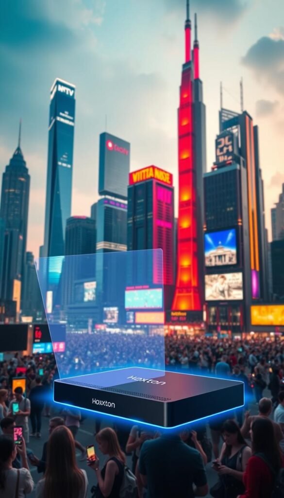 A futuristic cityscape with towering skyscrapers, showcasing the latest advancements in IPTV technology. In the foreground, a Hoxtoon Provider IPTV box emits a holographic display, projecting a seamless, high-definition streaming experience. The middle ground features a bustling crowd of people interacting with their mobile devices, immersed in the convenience of on-demand content. The background is illuminated by neon lights and digital signage, conveying a sense of innovation and progress. The scene is bathed in a warm, vibrant color palette, creating an atmosphere of optimism and technological wonder.