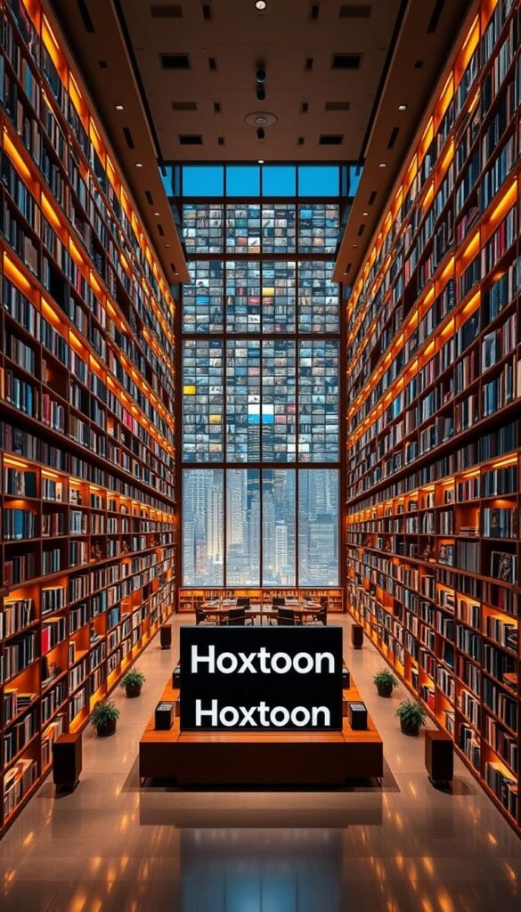 A grand and expansive library of diverse media content, a testament to the Hoxtoon Provider's vast catalog. Towering shelves line the spacious room, illuminated by warm, diffused lighting casting a cozy ambiance. Sleek, minimalist design elements create a sophisticated, contemporary atmosphere. In the foreground, a central display showcases the Hoxtoon brand, its name etched in a bold, striking font. The middle ground features neatly organized sections, hinting at the breadth of entertainment options available. The background reveals floor-to-ceiling windows, offering a panoramic view of a vibrant, modern cityscape, further emphasizing the extensive reach and global nature of the Hoxtoon Provider's content library.
